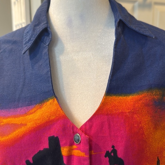 Wrangler Western Sunset Cowboy Print Pearl Snap Shirt Vintage 70s 80s Large Rare - Picture 5 of 13